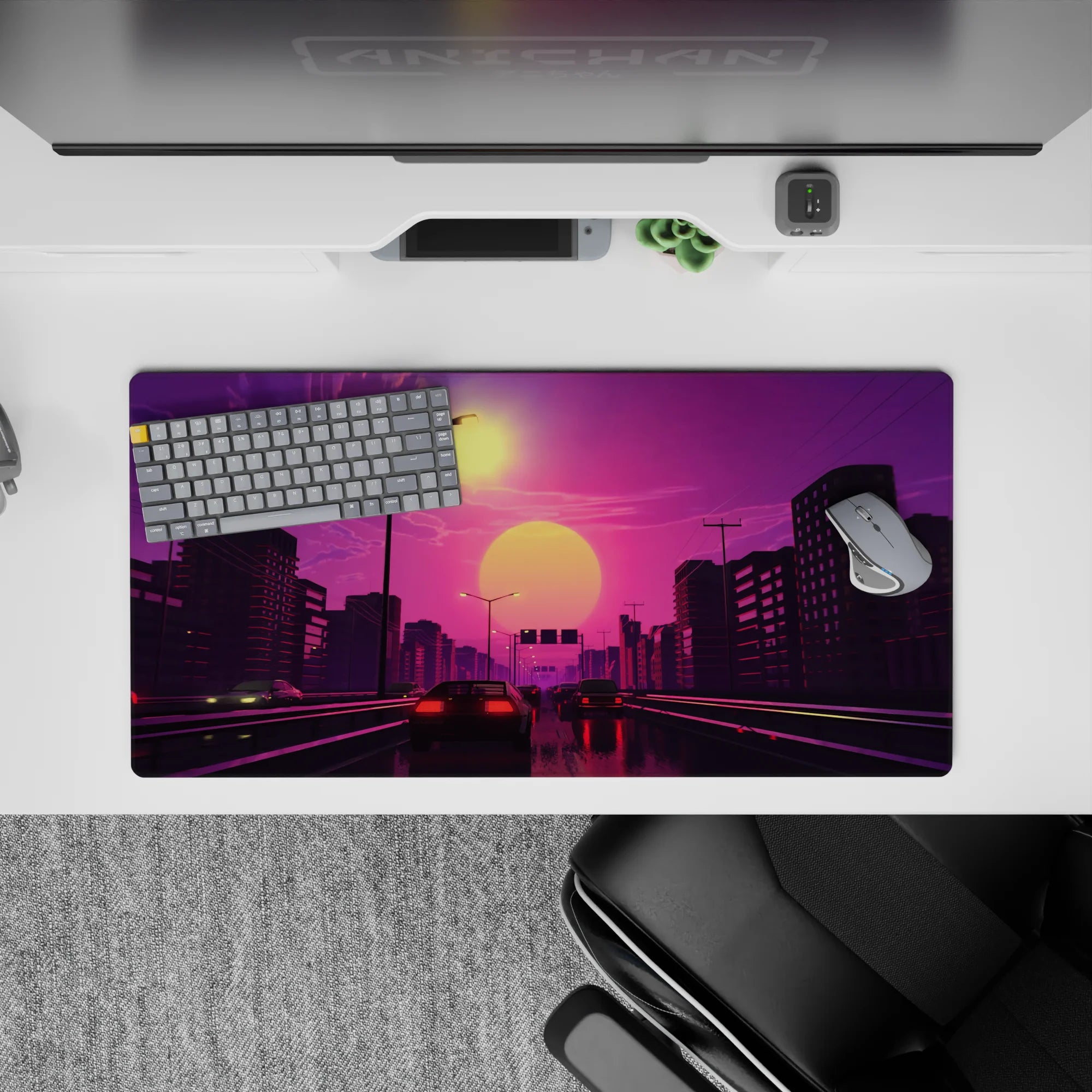 Retrowave - Vaporwave Deskmat | Mousepad | Deskpad - Sunset Drive Rush - AniChan