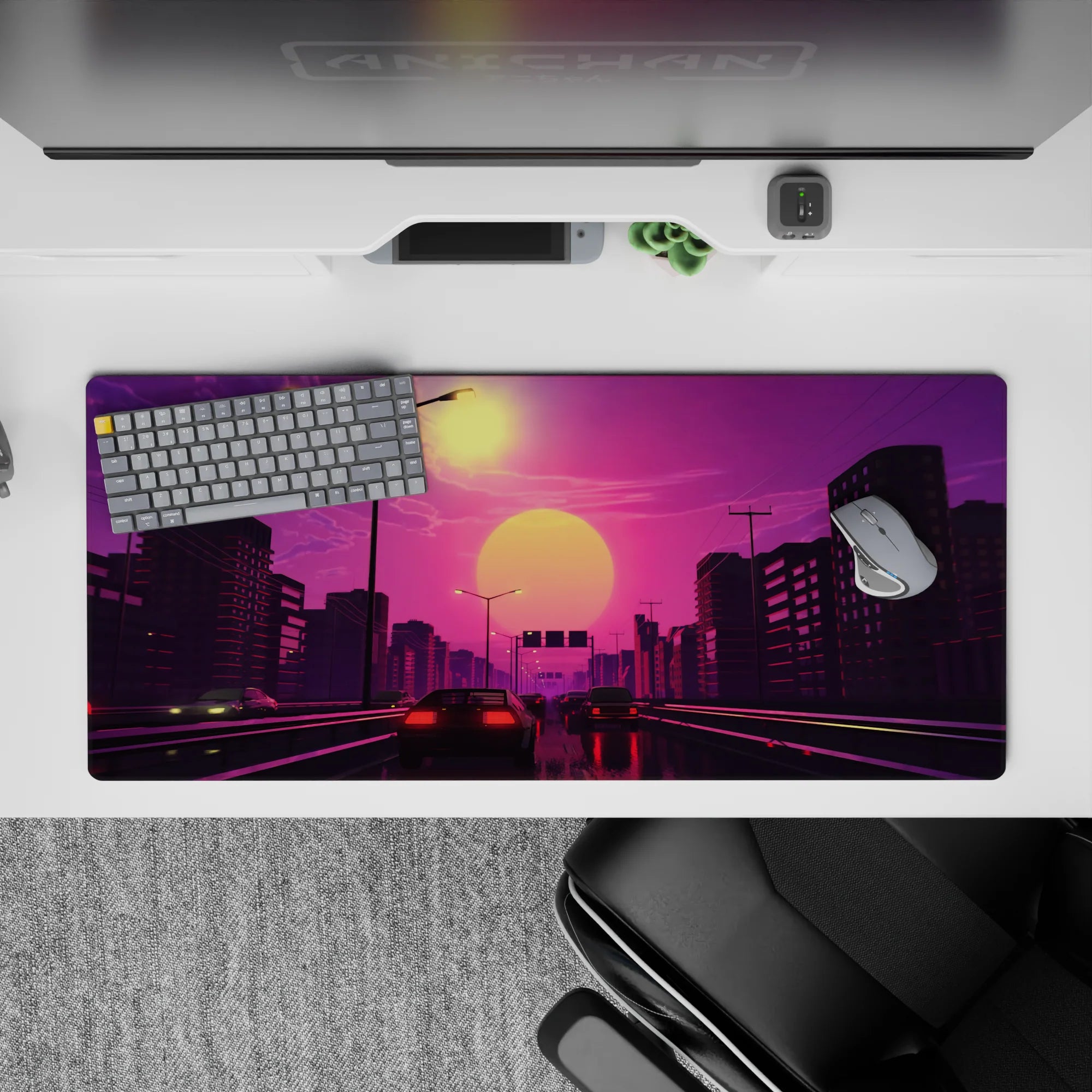 Retrowave - Vaporwave Deskmat | Mousepad | Deskpad - Sunset Drive Rush - AniChan