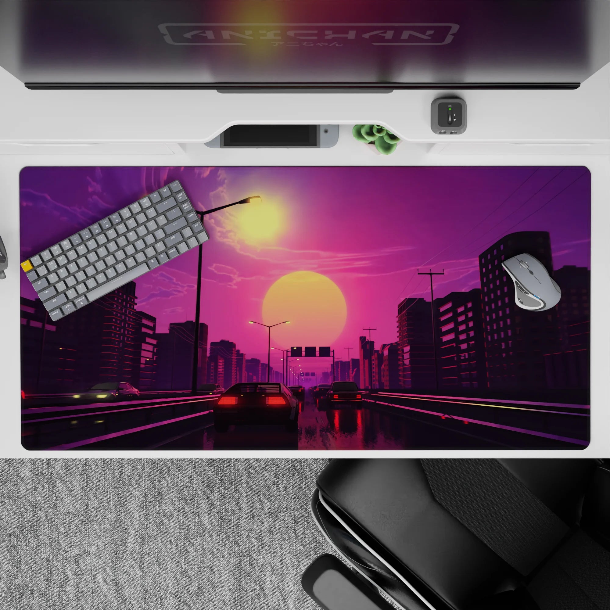 Retrowave - Vaporwave Deskmat | Mousepad | Deskpad - Sunset Drive Rush - AniChan