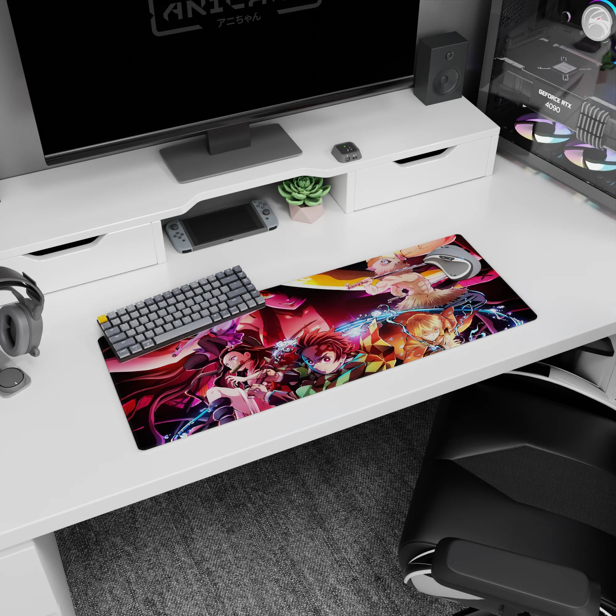 Anime mouse pad 32x12 inches featuring Demon Slayer squad: Tanjiro, Nezuko, Zenitsu, Inosuke battling against Daki.