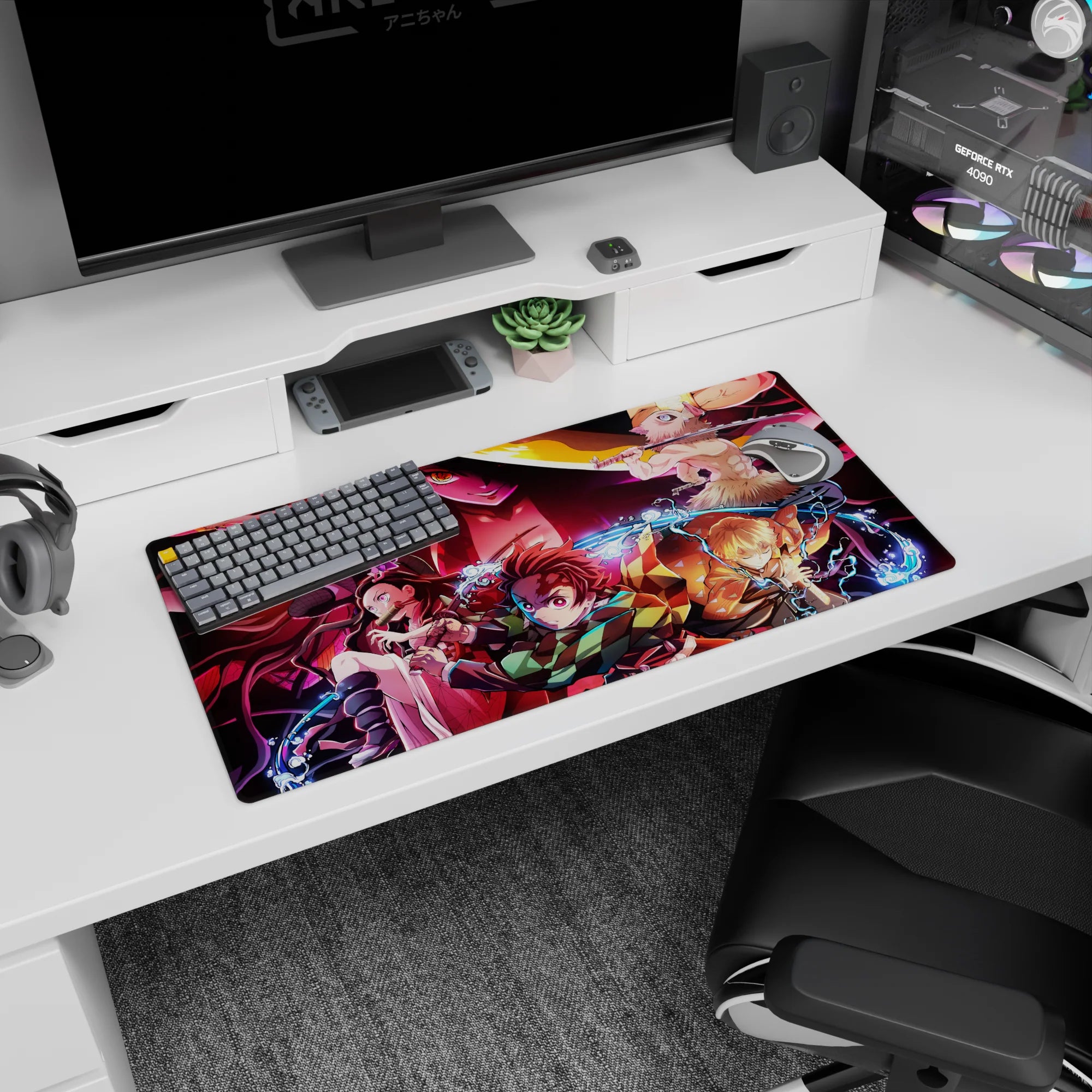 Anime mouse pad 32x16 inches featuring Demon Slayer squad Tanjiro, Nezuko, Zenitsu, Inosuke vs. Daki in vivid chaos.