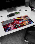 Anime mouse pad 32x16 inches featuring Demon Slayer squad Tanjiro, Nezuko, Zenitsu, Inosuke vs. Daki in vivid chaos.