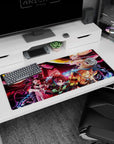 Anime desk pad 36x16 inches featuring Demon Slayer squad Tanjiro, Nezuko, Zenitsu, Inosuke in battle against Daki.