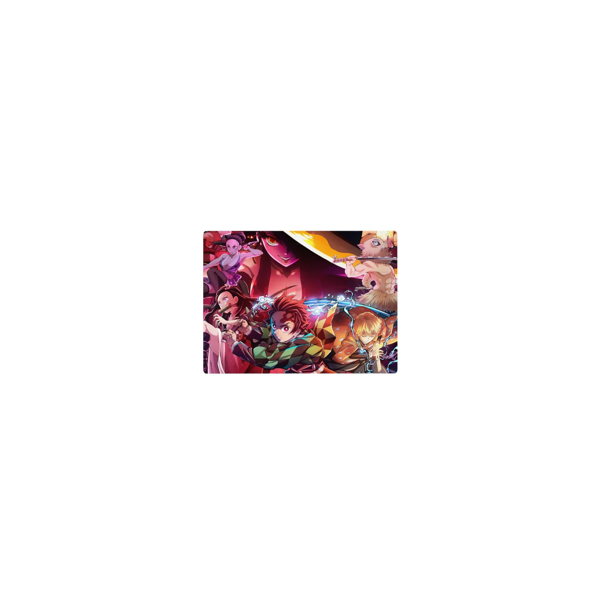 Anime mouse pad featuring Demon Slayer characters Tanjiro, Nezuko, Zenitsu, Inosuke vs. Daki, size 14x10 inches.