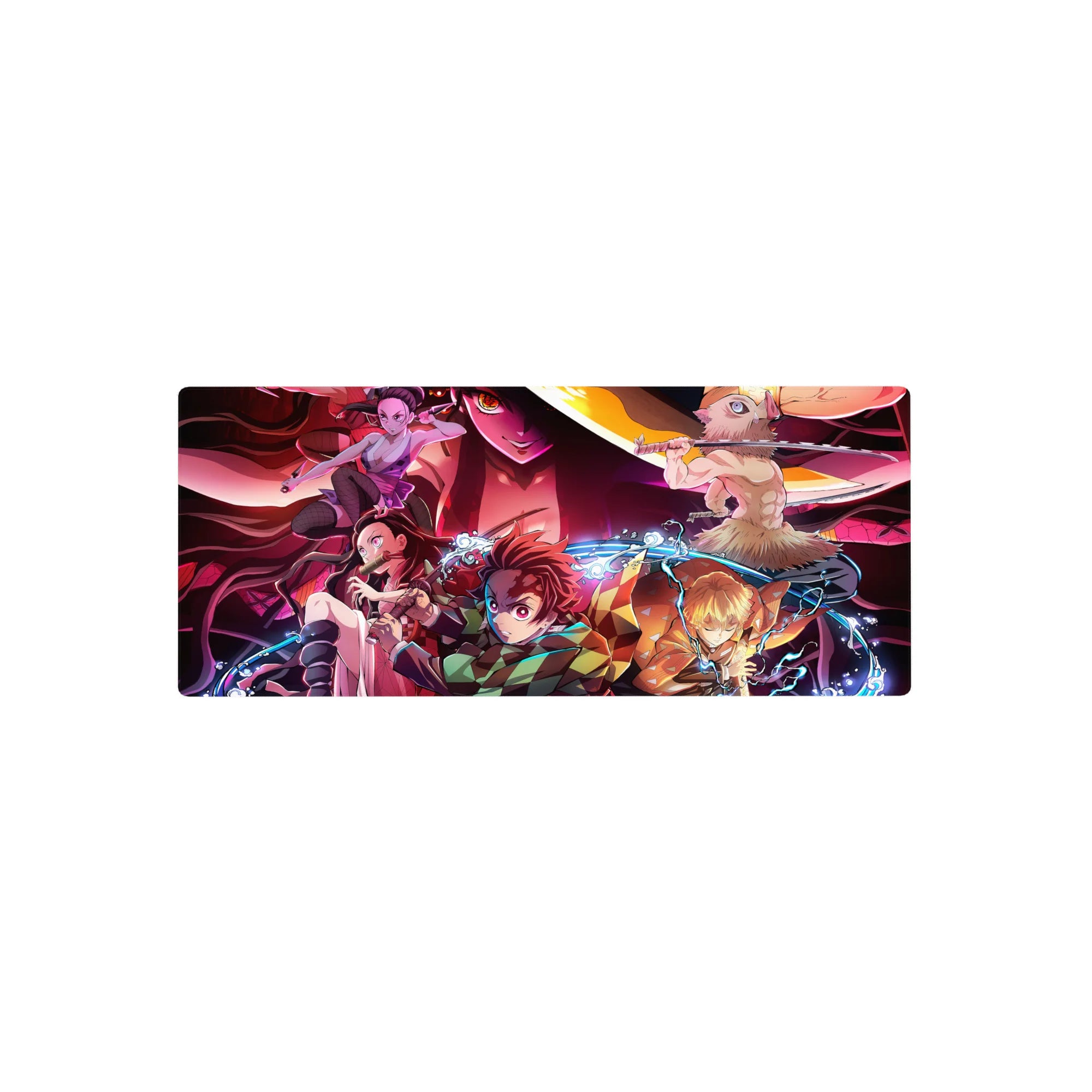 Anime mouse pad 28x12 inches featuring Demon Slayer's Tanjiro, Nezuko, Zenitsu, Inosuke vs. Daki in a chaotic scene.