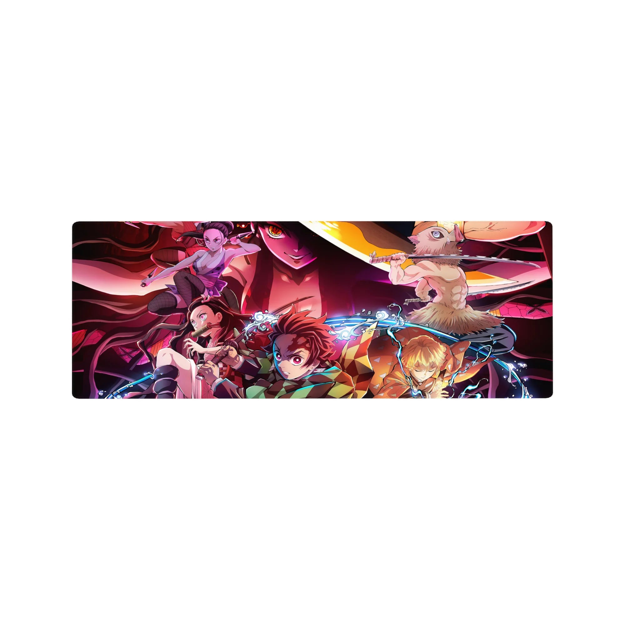 Anime mouse pad 32x12 inches featuring Demon Slayer squad—Tanjiro, Nezuko, Zenitsu, Inosuke—battling Daki in vivid chaos.