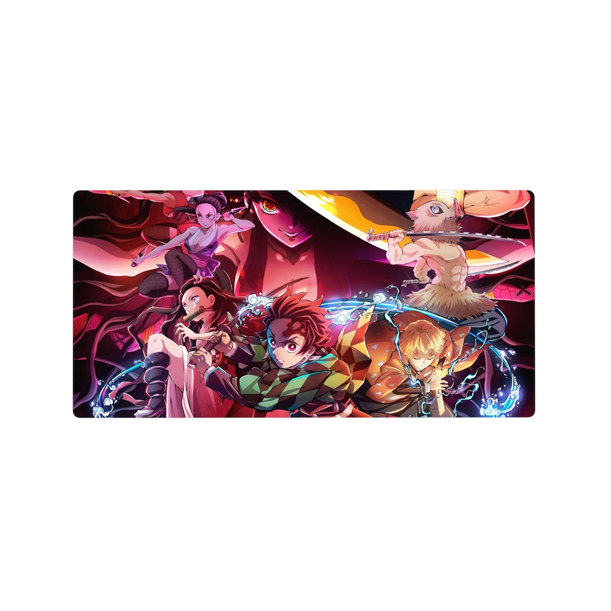 Anime mouse pad 32x16 inches featuring Demon Slayer's Tanjiro, Nezuko, Zenitsu, Inosuke, and Daki in a dynamic clash.