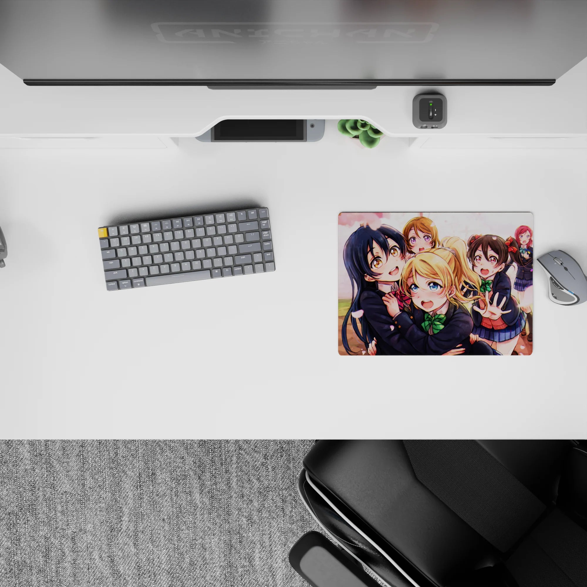 14x10 inches classic anime girl mouse pad in warm sunset tones, sakura pink petals, bright bows, spring vibe.