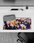 28x12 inches anime girl mouse pad in navy and sakura pink, drifting petals and warm sunset spring mood.