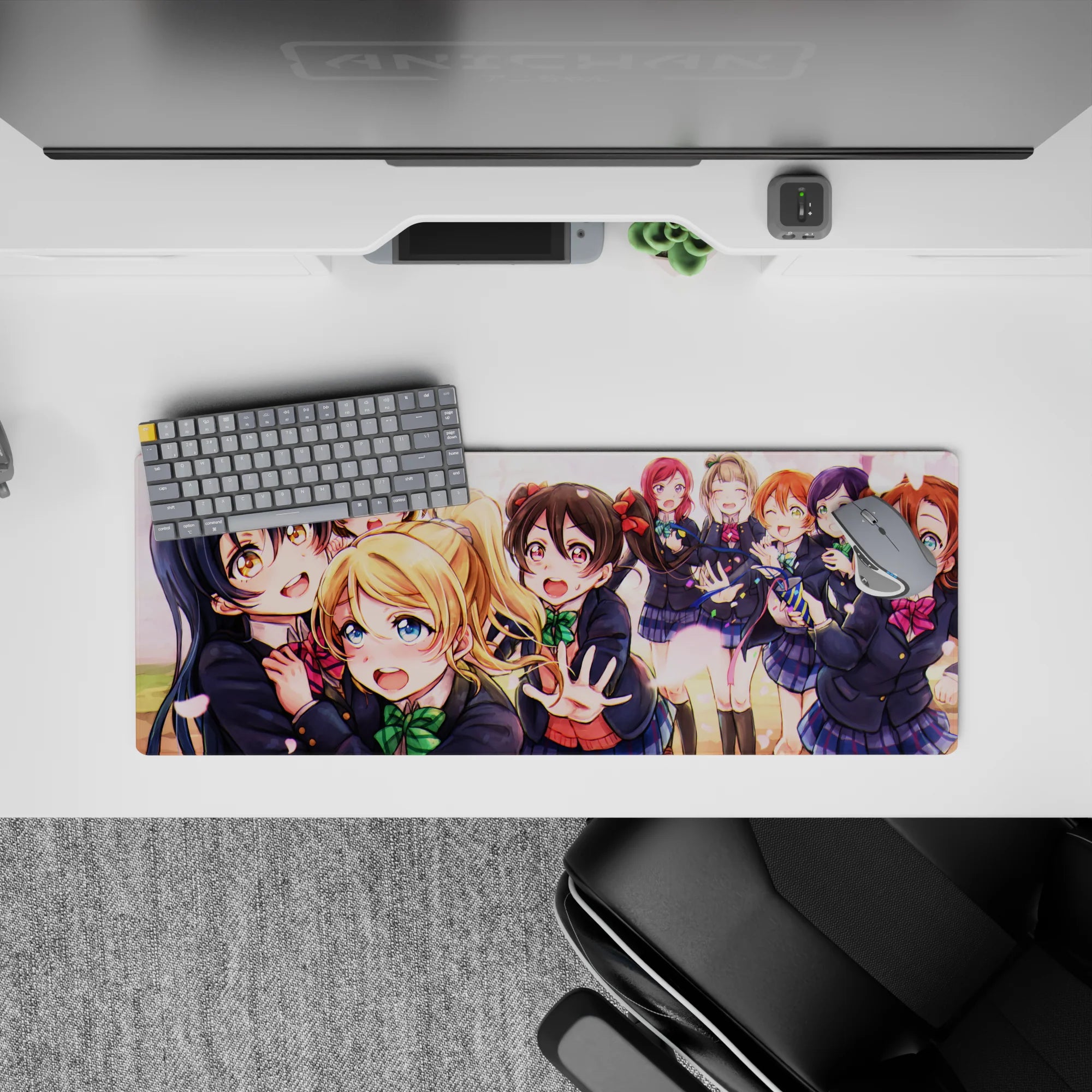 Spring sunset anime girl mouse pad 32x12 inches in sakura pink and warm tones, cheerful desk vibe.