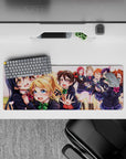 Spring sunset anime girl mouse pad 32x12 inches in sakura pink and warm tones, cheerful desk vibe.