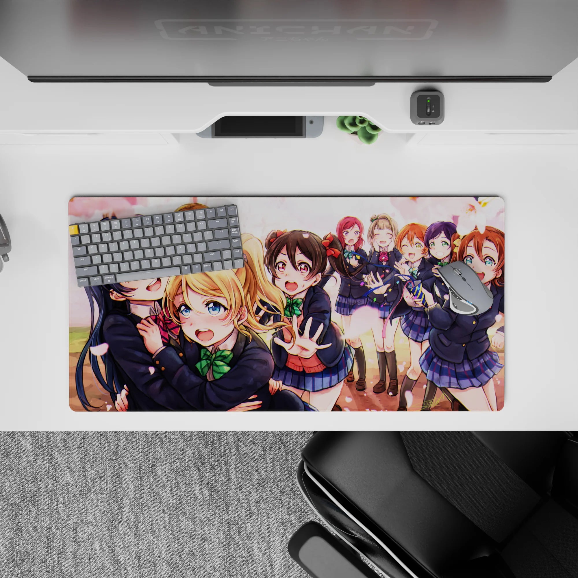 32x16 inches anime girl mouse pad in warm sunset tones with sakura-pink petals and cheerful spring vibe.