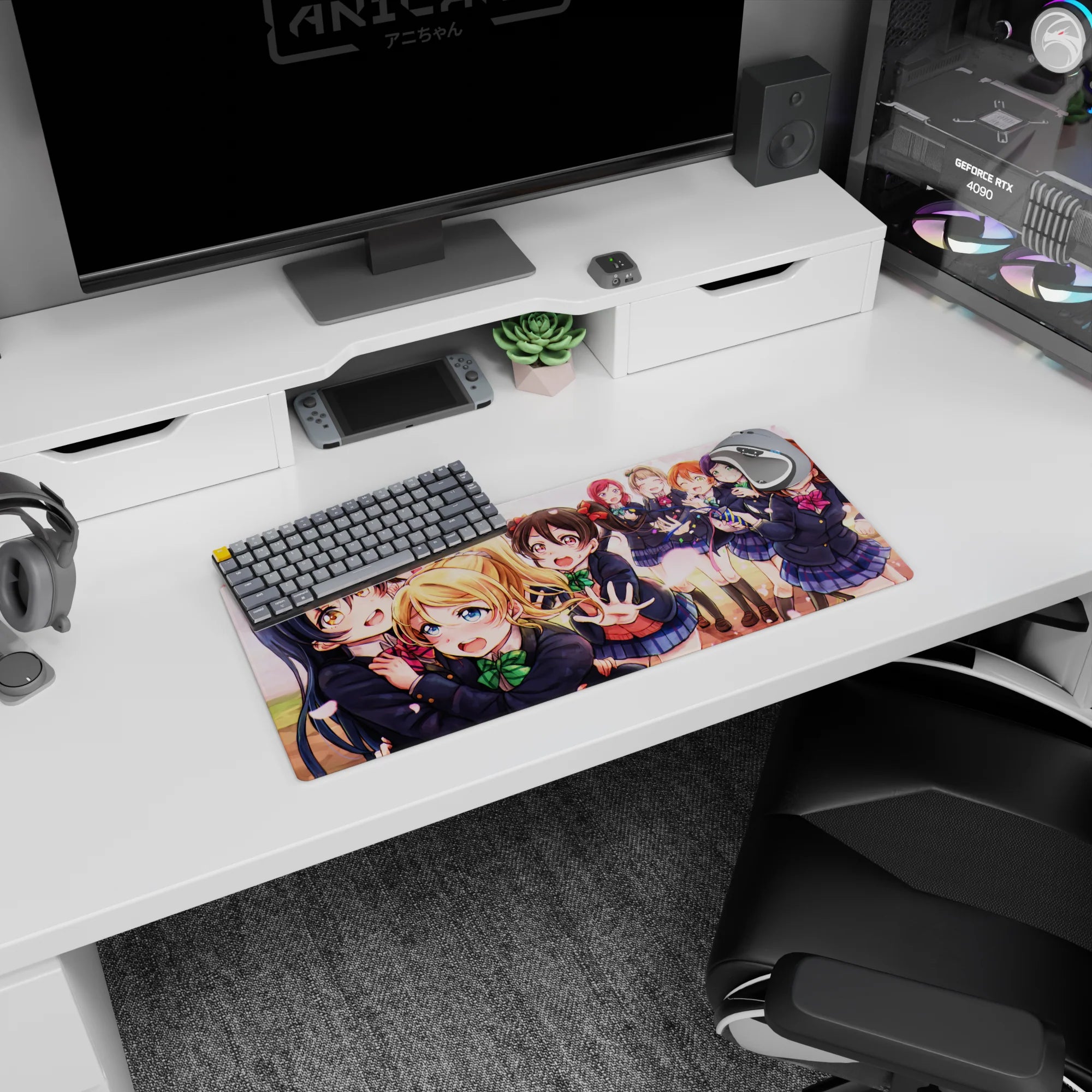 28x12 inches anime girl mouse pad showing Umi Sonoda hugging Eli Ayase as Nico Yazawa reaches out.