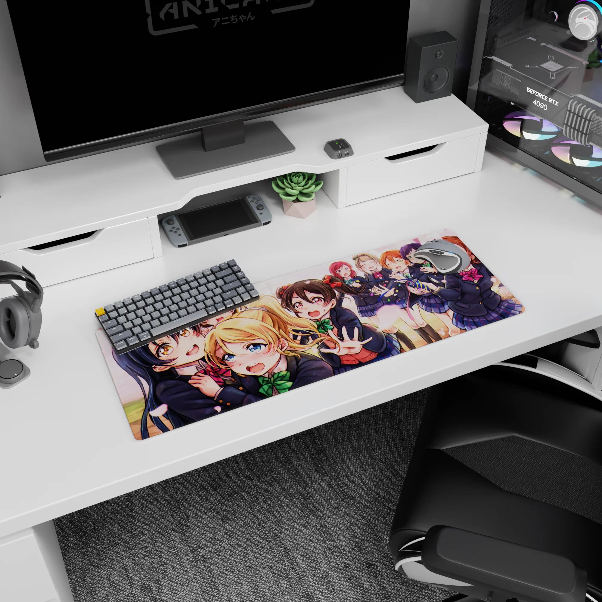 Umi Sonoda hugs Eli Ayase while Nico reaches out on anime girl mouse pad 32x12 inches.
