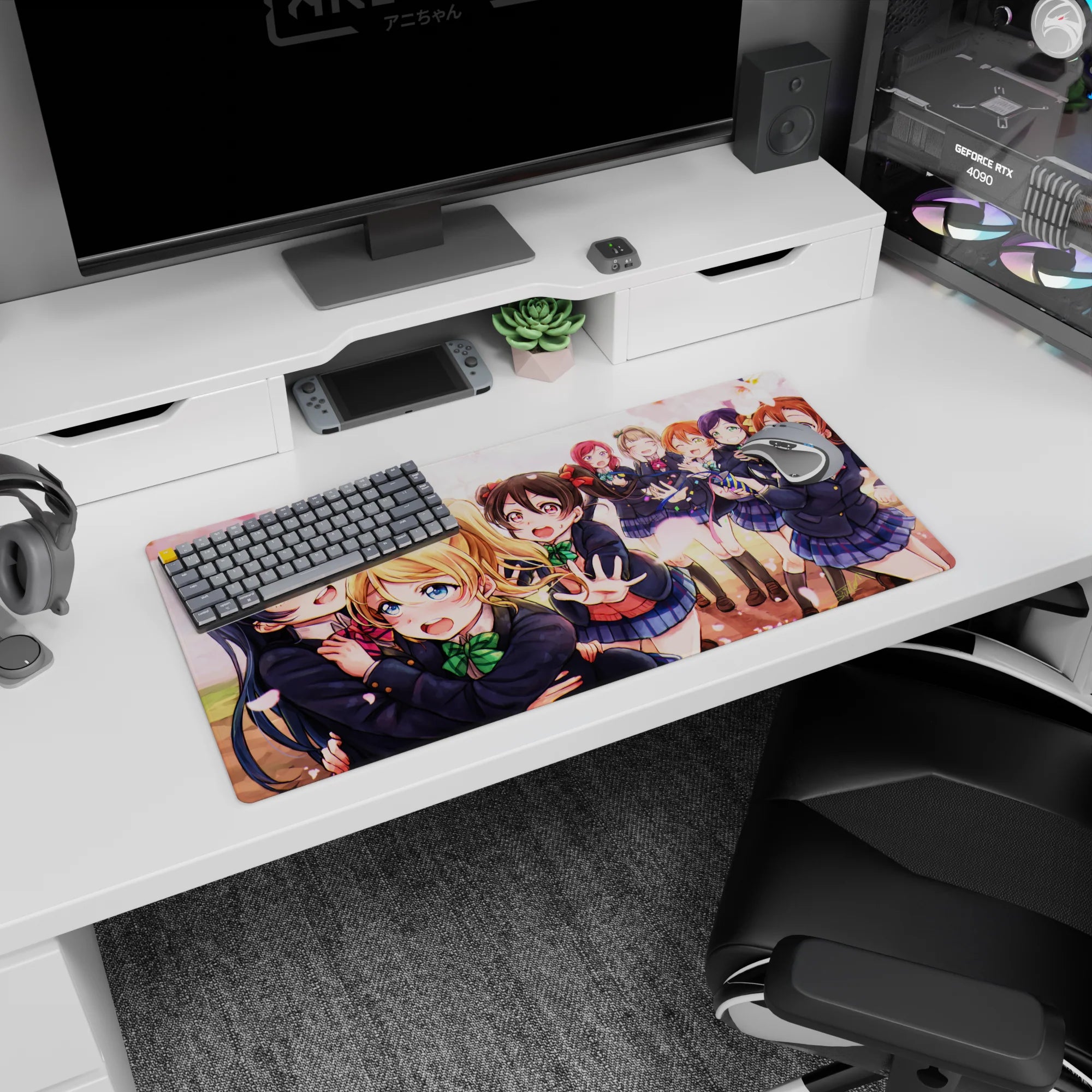 32x16 inches anime girl mouse pad showing Umi hugging Eli as Nico reaches out, Love Live fan desk mat.