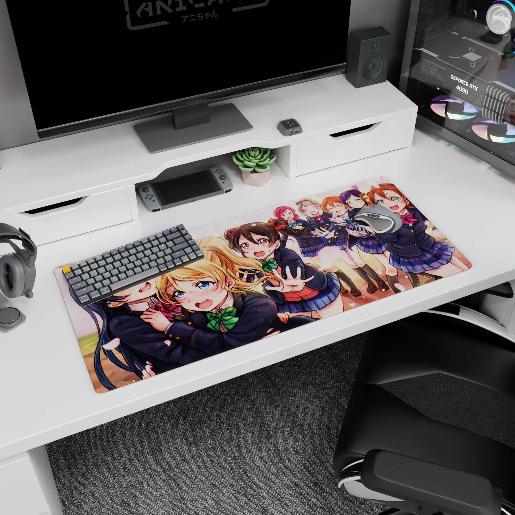 Umi Sonoda hugs Eli Ayase as Nico reaches out on anime desk pad 36x16 inches, cute group scene.