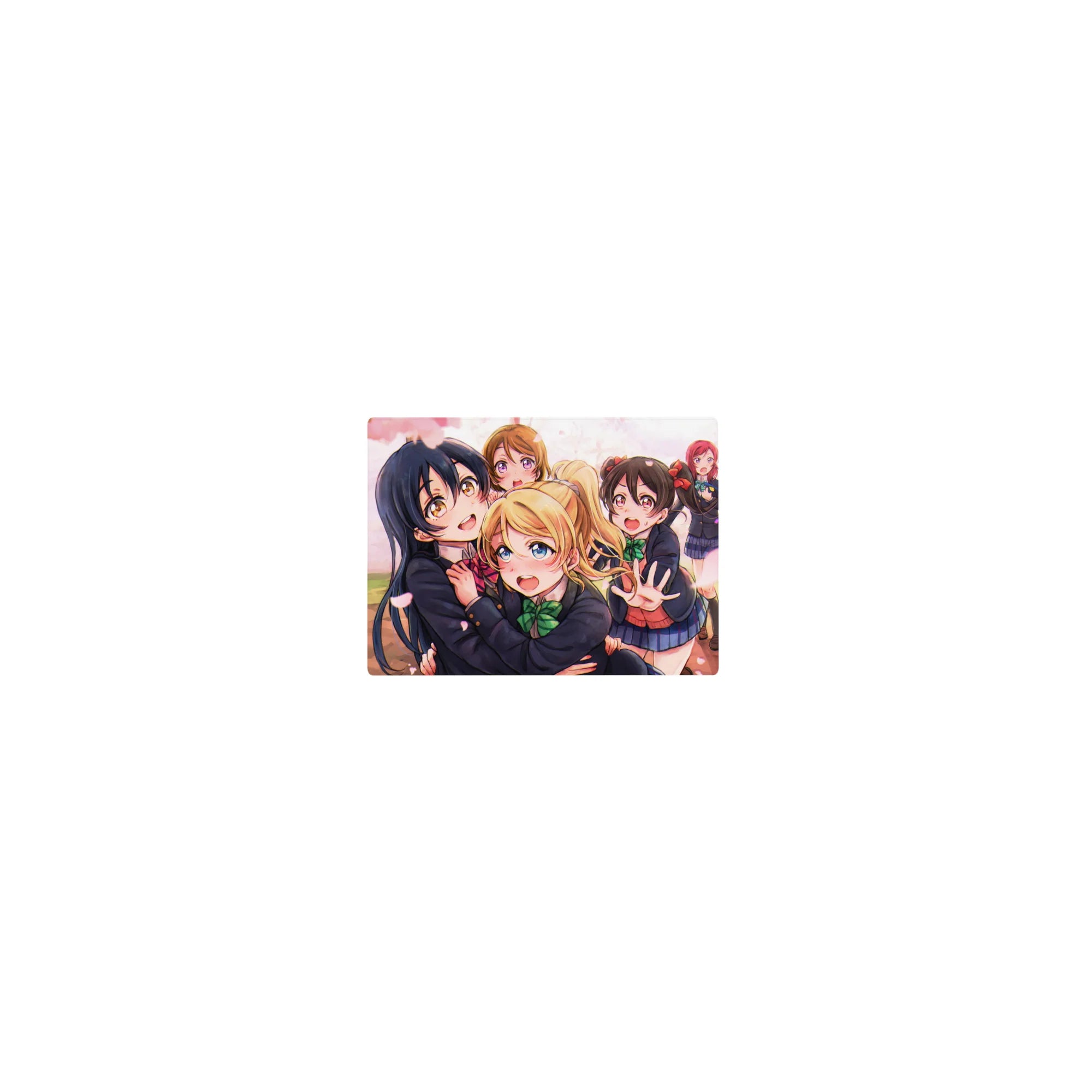 14x10 inches classic anime girl mouse pad with school idols in navy uniforms and drifting pink petals.