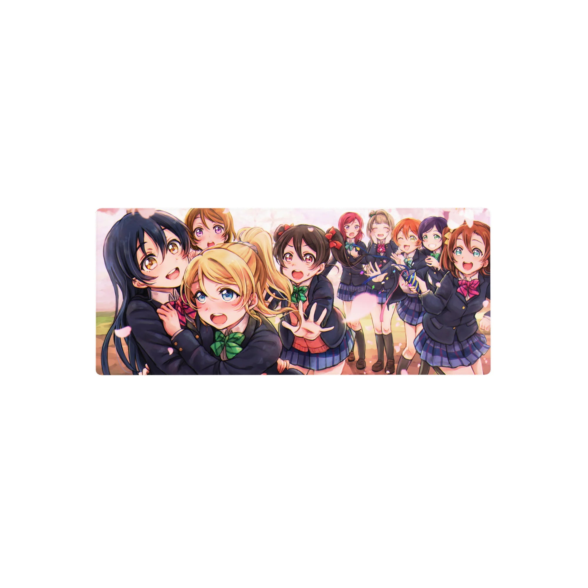 28x12 inches anime girl mouse pad with Love Live group scene, school uniforms, hugs and playful reach.