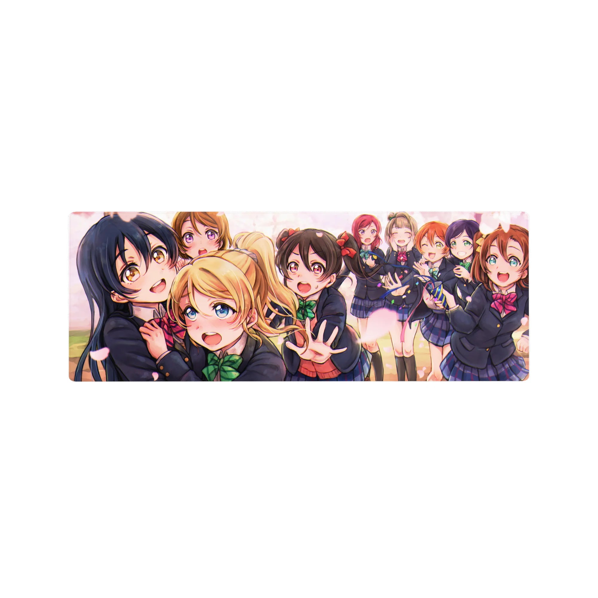 Love Live anime girl mouse pad 32x12 inches with school idols in navy uniforms and falling petals.
