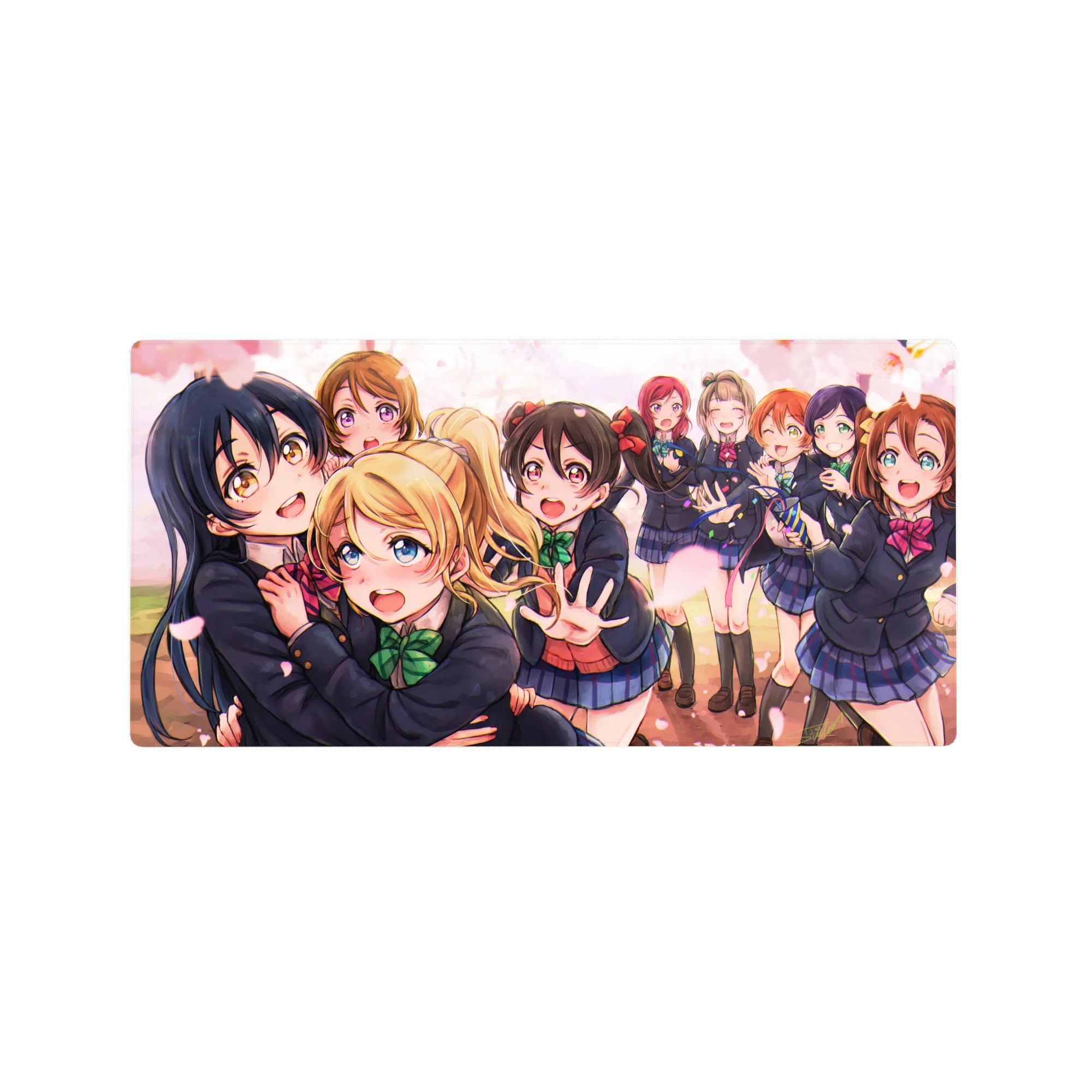 32x16 inches anime girl mouse pad with Love Live-style idol group in navy uniforms and drifting petals.