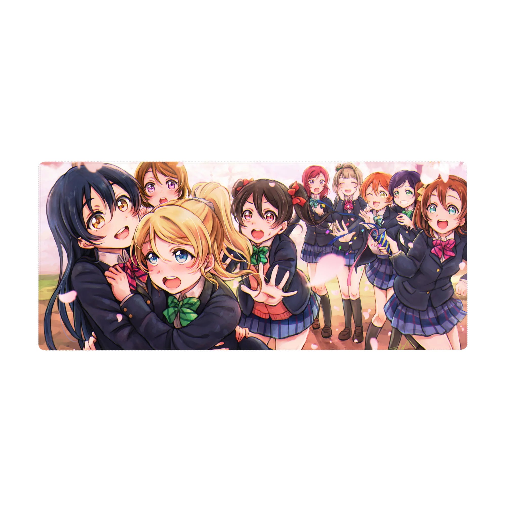 Love Live anime girl desk pad 36x16 inches with school idols in navy uniforms and drifting petals.