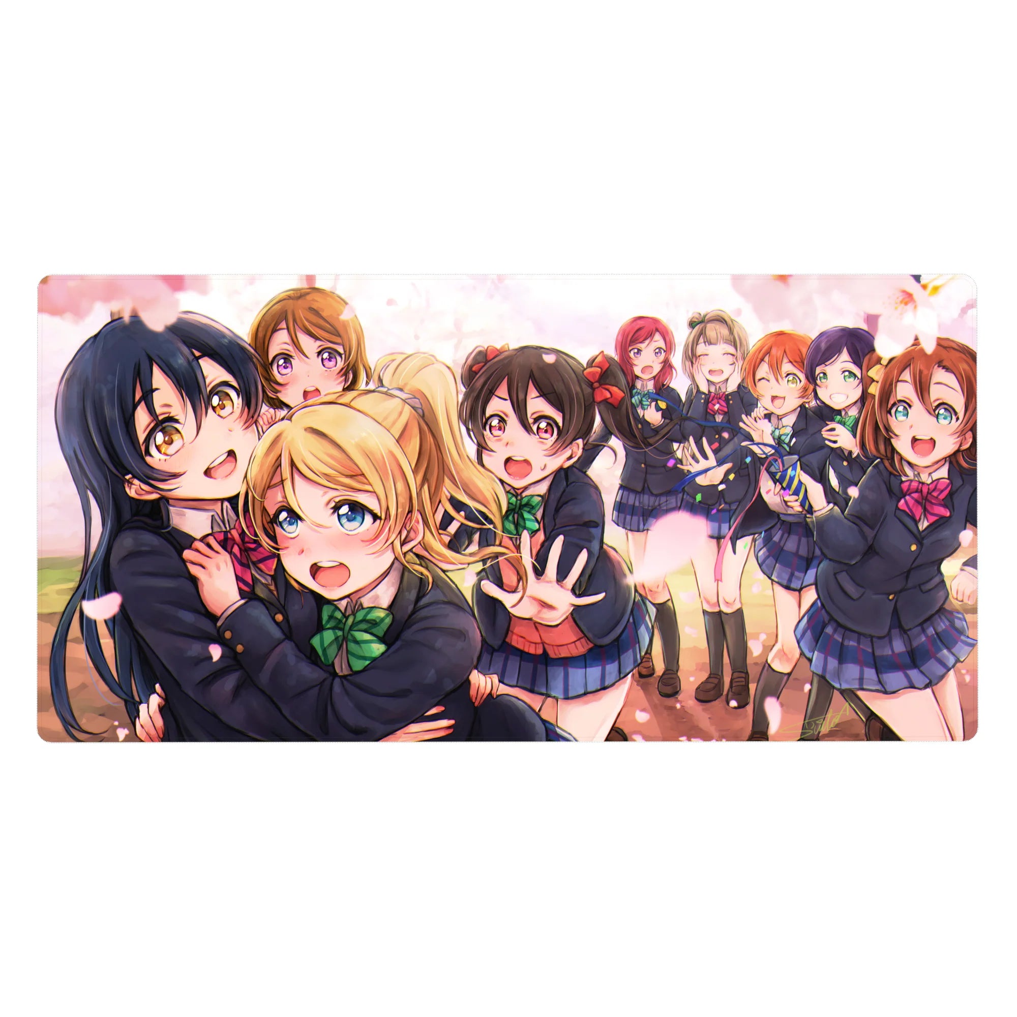 40x20 inches anime girl desk pad with Love Live idol group scene, crisp print and navy uniforms.