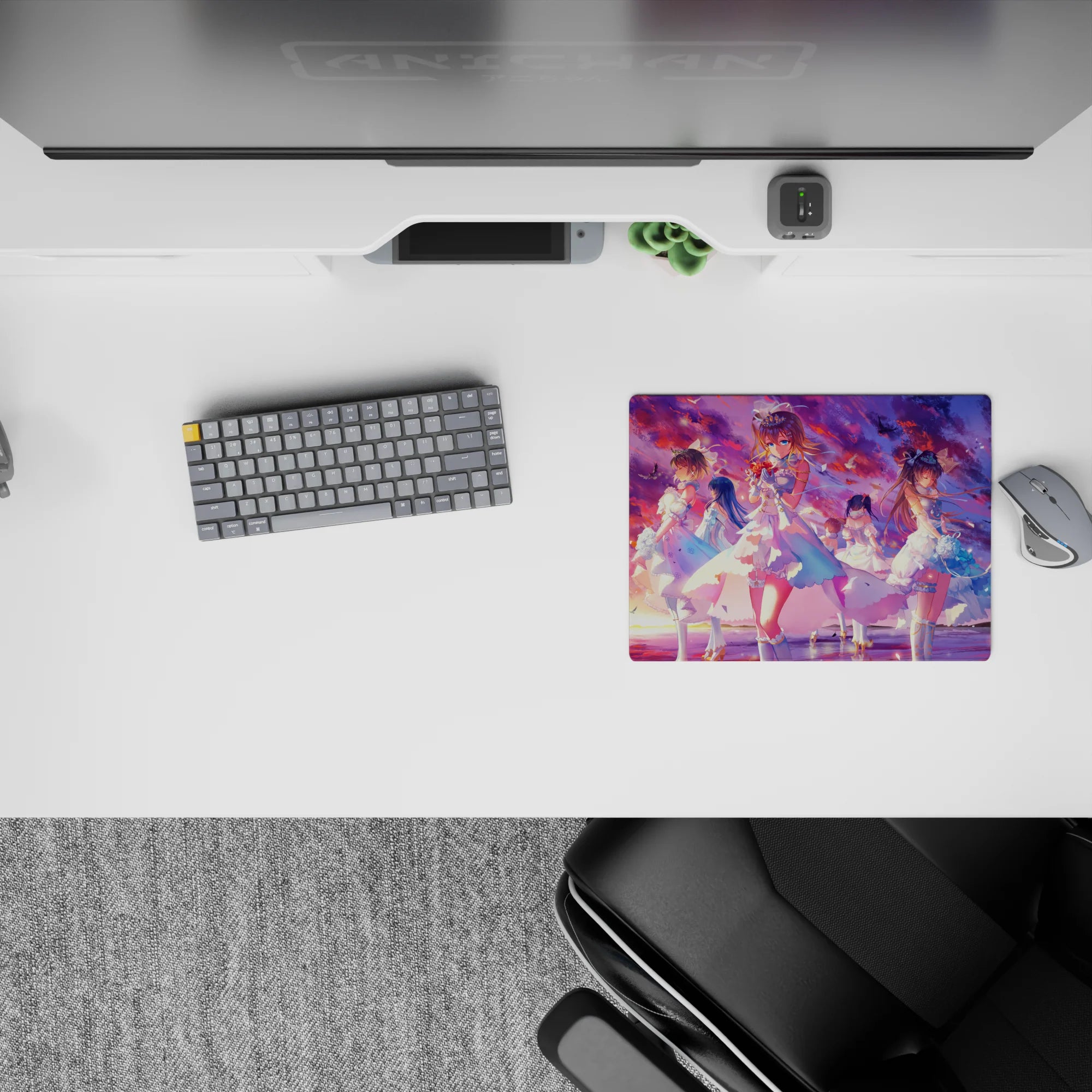 14x10 inches classic anime girl mouse pad in sunset violets, cotton-candy pink and ocean blues, dreamy vibe.