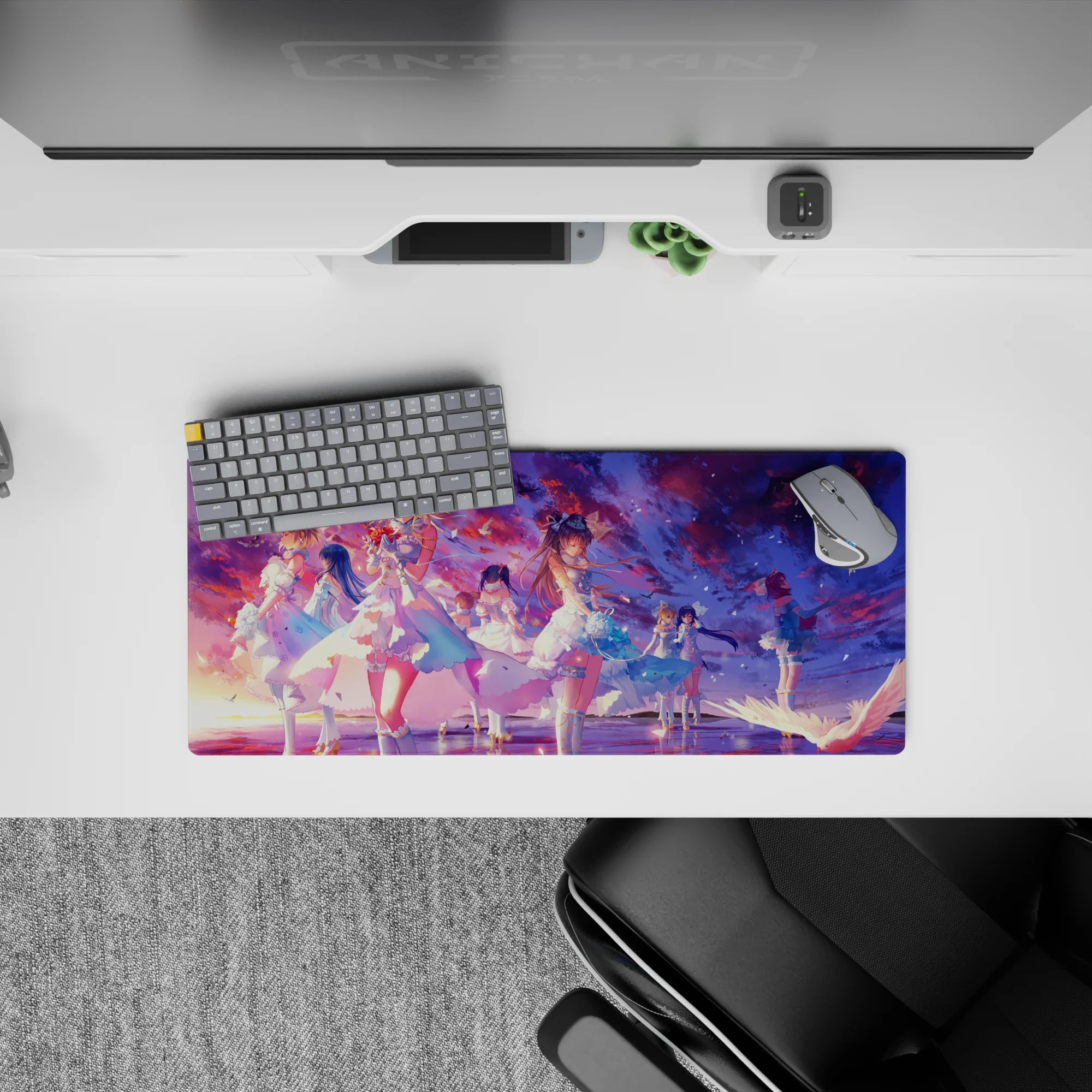 28x12 inches anime girl desk mat in sunset violets, cotton-candy pink, and ocean blues, dreamy finale vibe.
