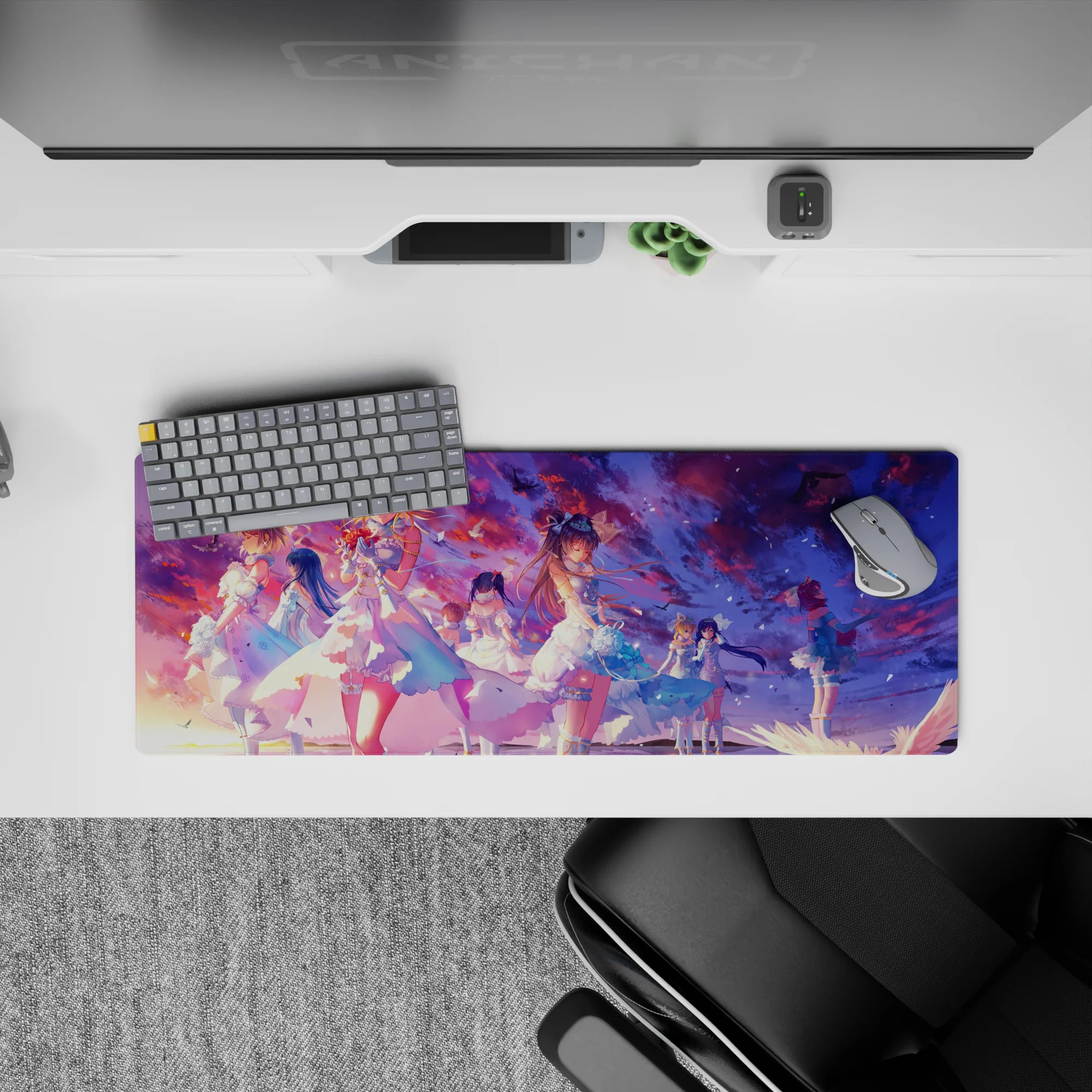 32x12 inches anime girl mouse pad in sunset violets, cotton-candy pink, and ocean blues, dreamy vibe.
