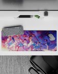 32x12 inches anime girl mouse pad in sunset violets, cotton-candy pink, and ocean blues, dreamy vibe.