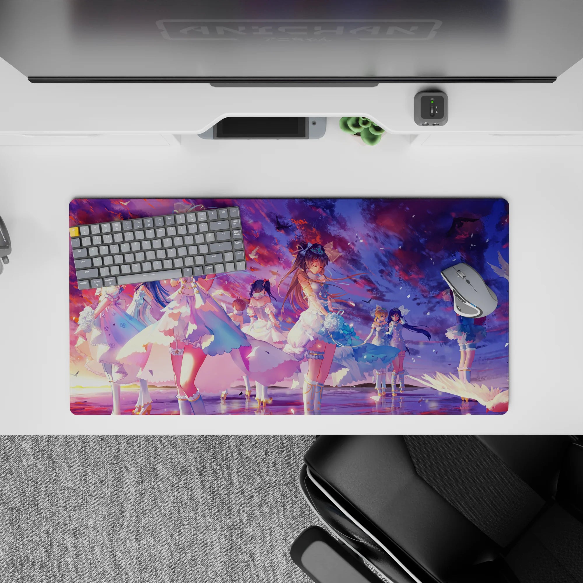 32x16 inches anime girl mouse pad in sunset violets, cotton-candy pink, and ocean blues for a dreamy vibe.