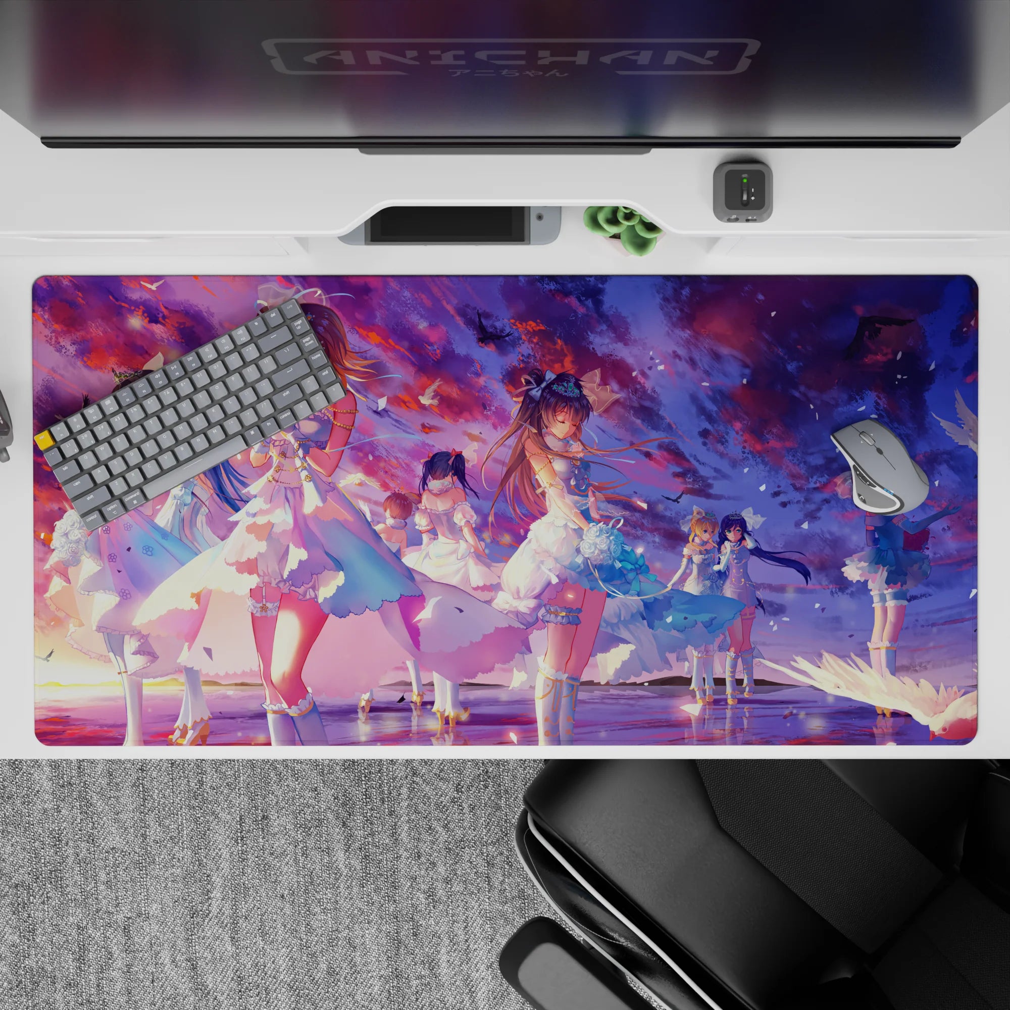 40x20 inches anime desk pad in sunset violet, cotton-candy pink, and ocean blue for a dreamy warm vibe.