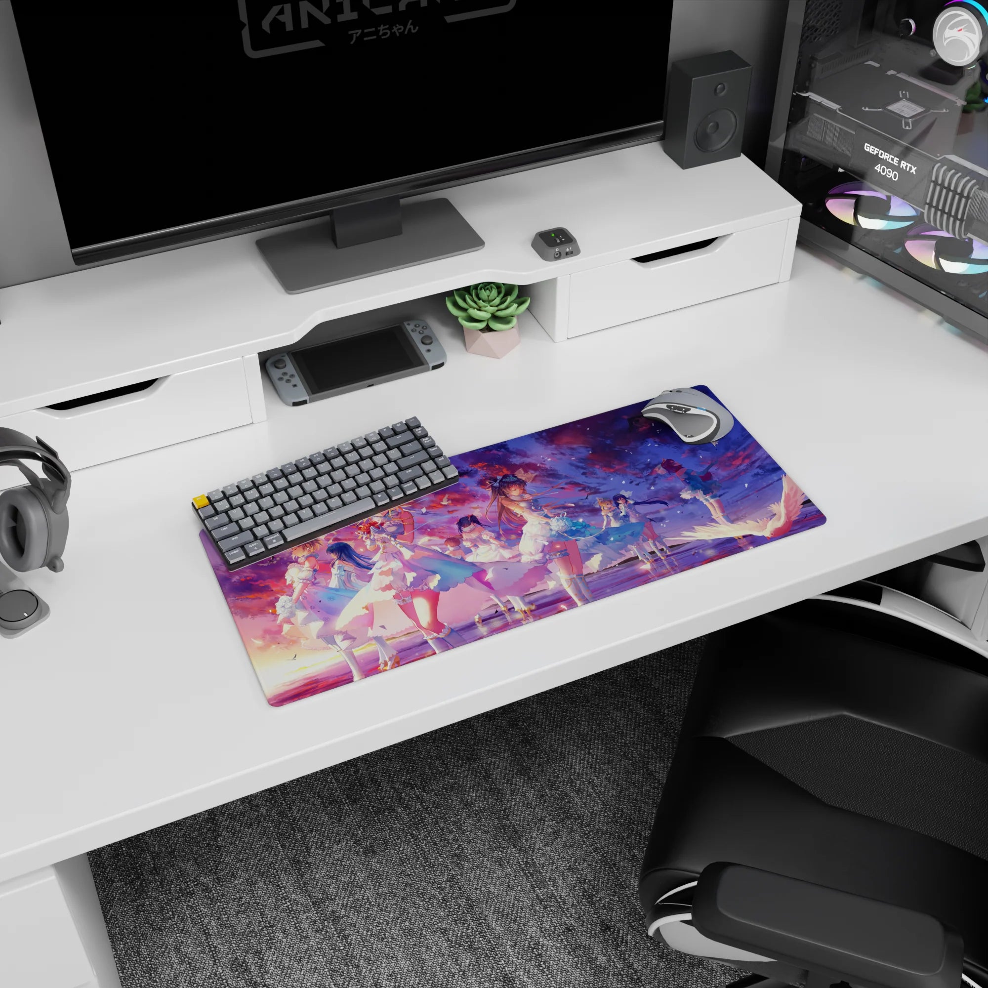 28x12 inches mouse pad showing elegant anime girls holding roses under a petal-filled sky with tiny crowns.