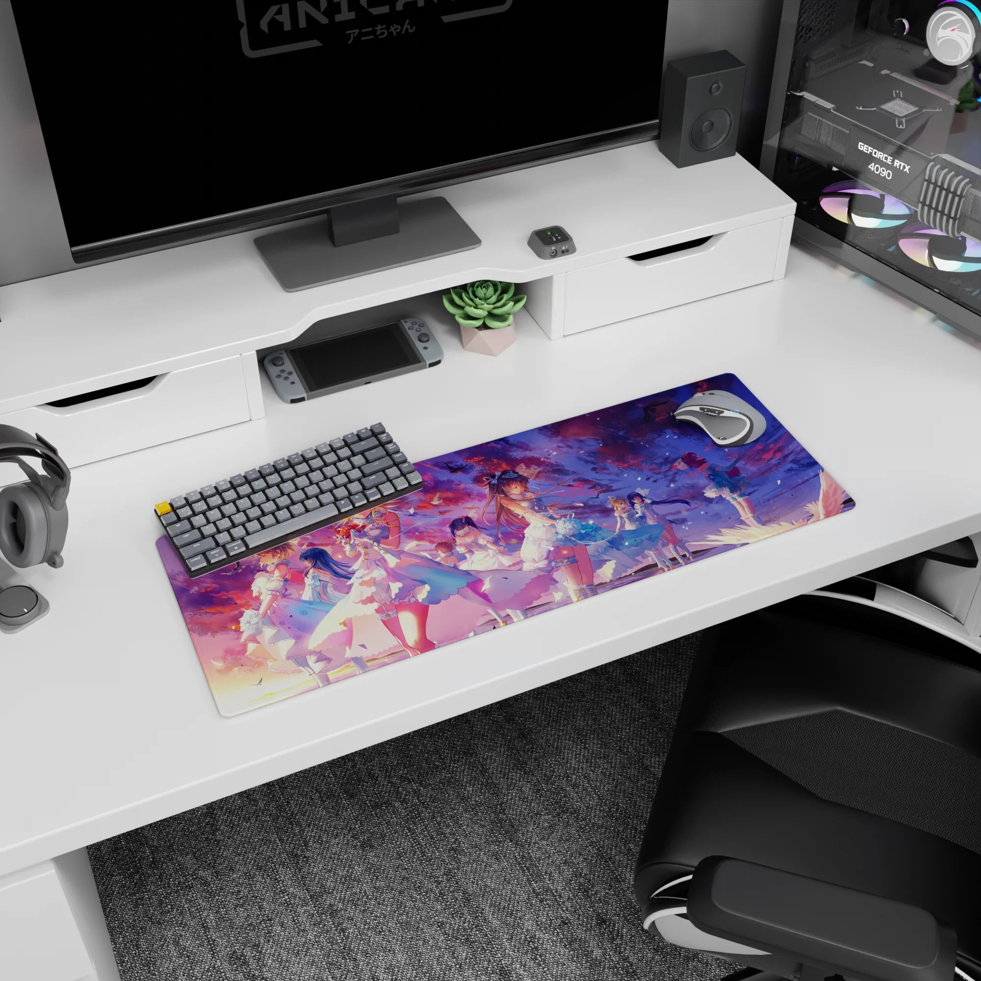 32x12 inches anime girl mouse pad showing elegant girls with roses under a petal-filled sky, concert finale.