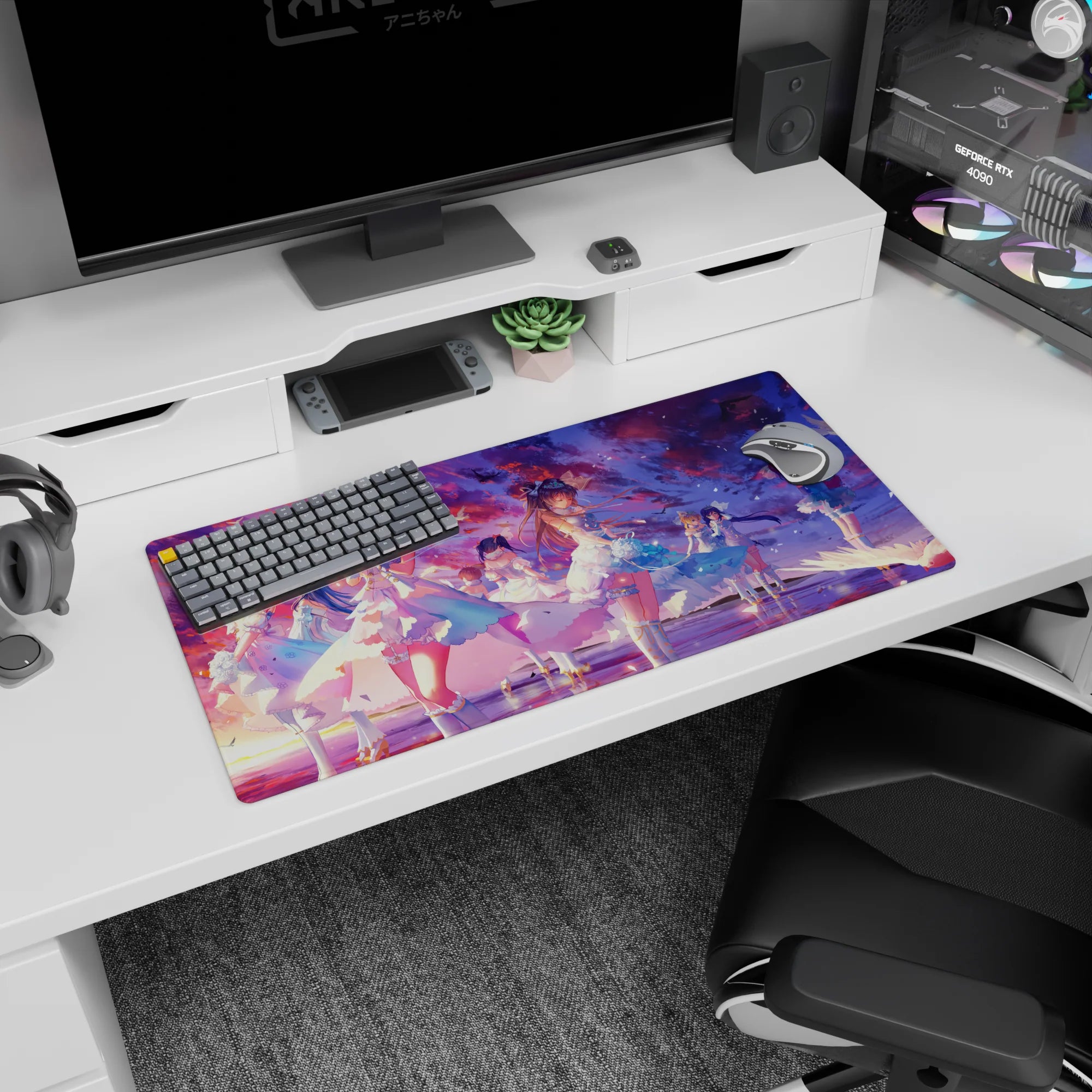 32x16 inches anime mouse pad showing a lineup of girls with roses, pearls, lace, and tiny crowns at dusk.