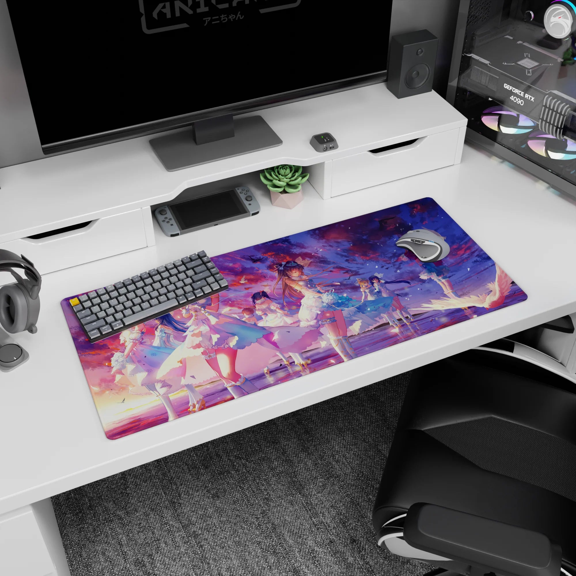36x16 inches anime girl mouse pad showing elegant girls holding roses under a petal-filled sky at dusk.