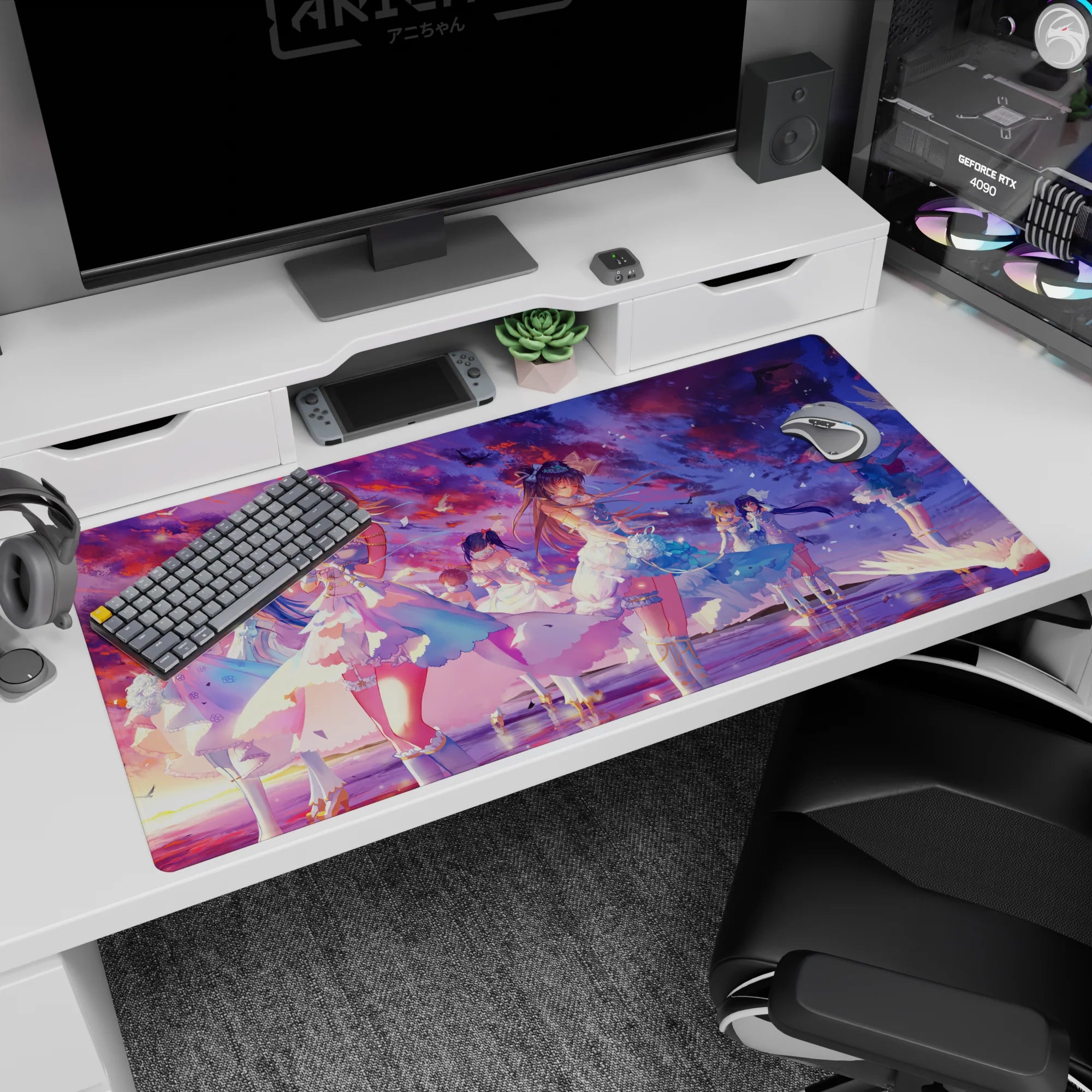 40x20 inches anime girl mouse pad scene: ribbon-haired idols with tiny crowns holding roses under petal sky.
