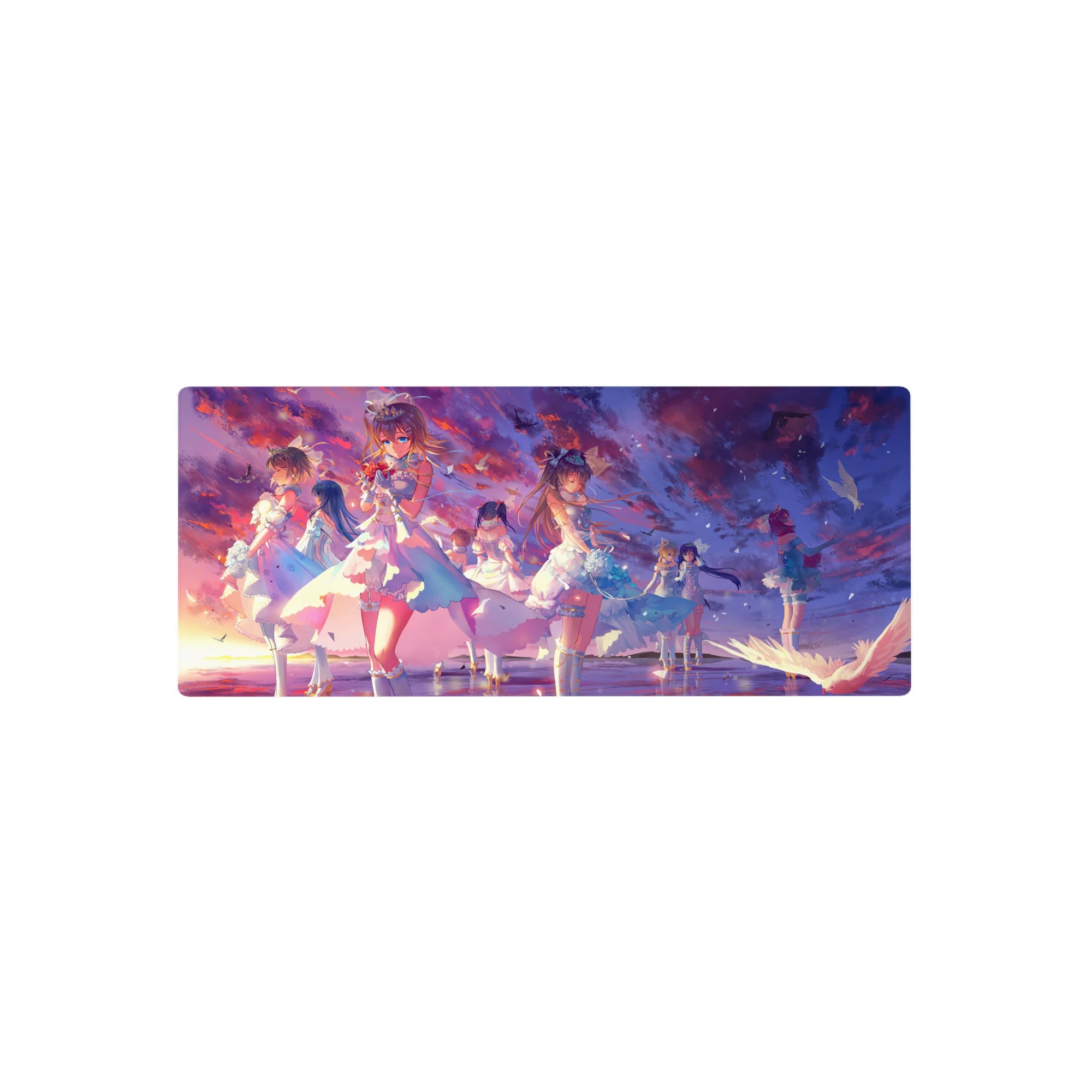 28x12 inches anime girl mouse pad with frilly dresses, ribbons, pearls, roses, and drifting petals sky.