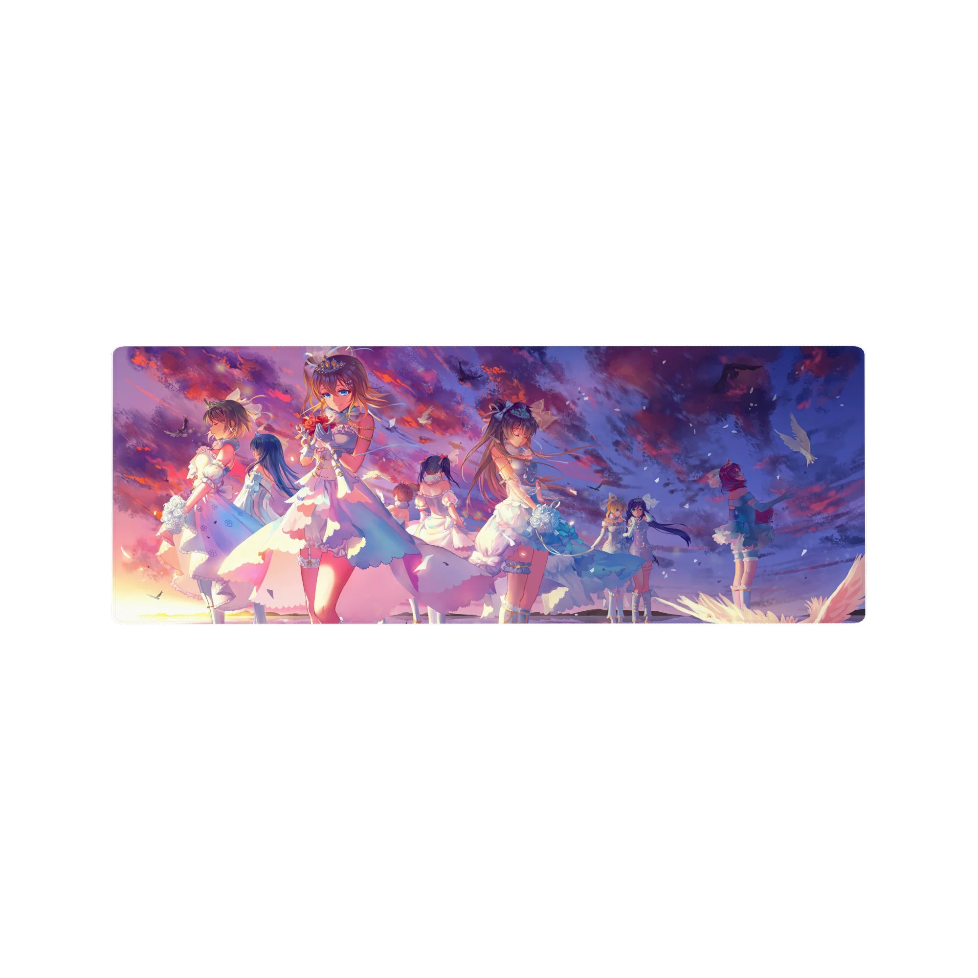 32x12 inches anime girl mouse pad with frilly dresses, ribbons, pearls, roses, and drifting petals.