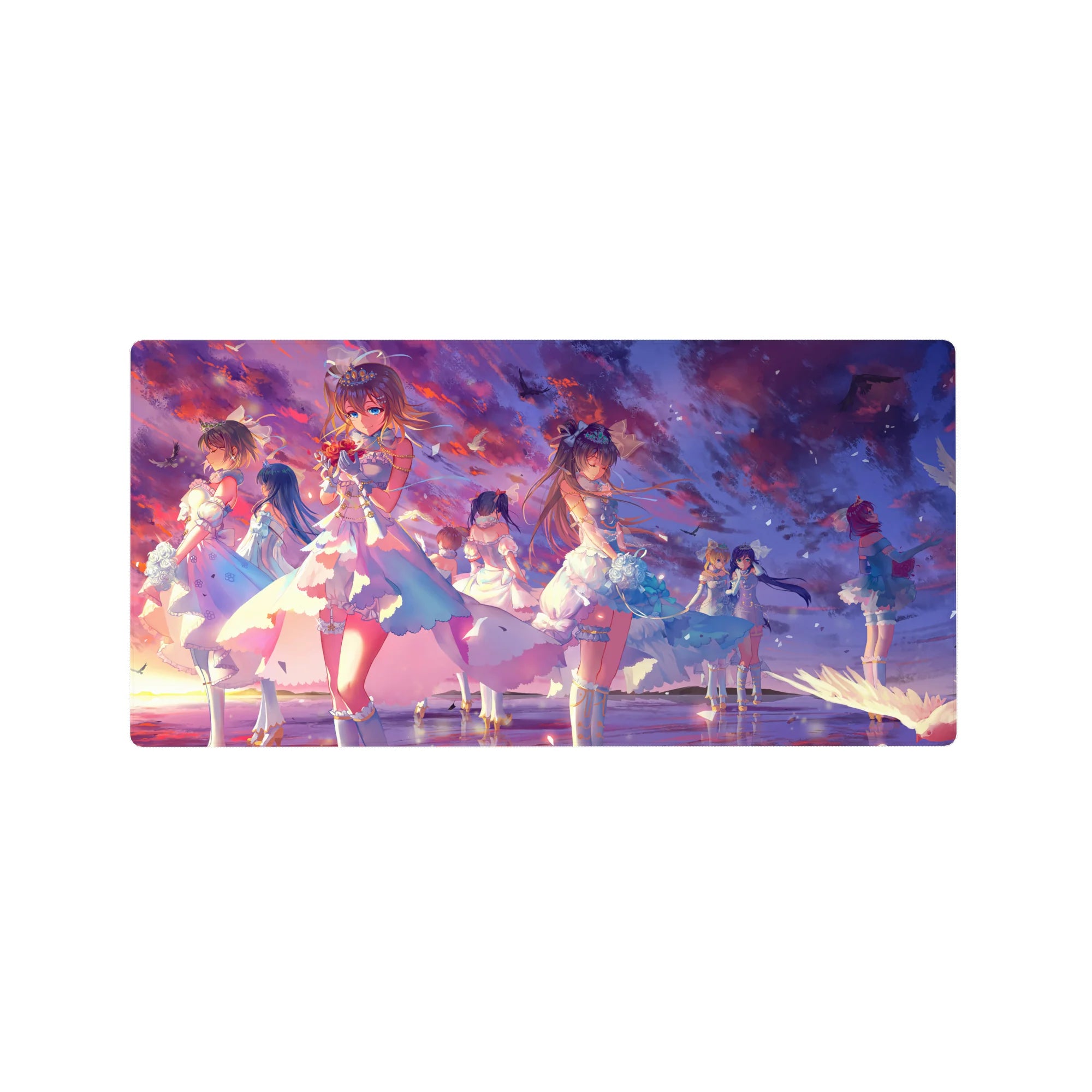 32x16 inches anime girl mouse pad with elegant frilly dresses, ribbons, roses, and drifting petals backdrop.