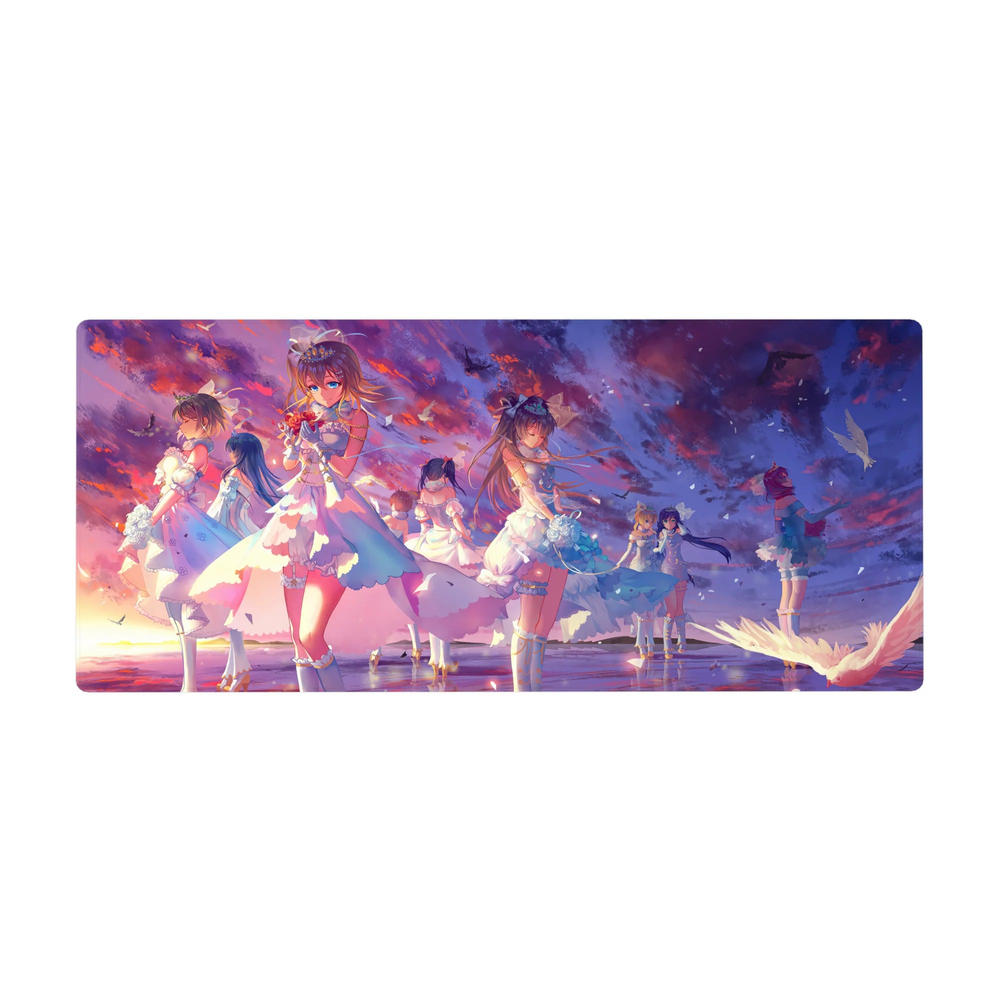 36x16 inches anime girl desk pad with frilly dresses, ribbons, roses, petals, and tiny crown accents.