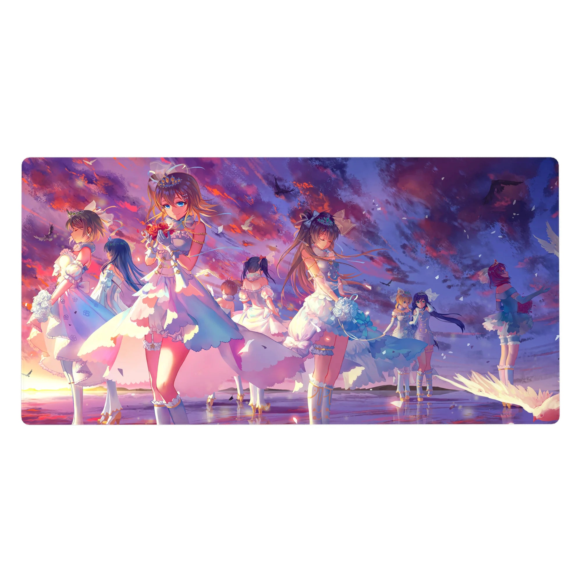 40x20 inches anime girl desk pad with elegant frilly dresses, roses, pearls, lace, and drifting petals.