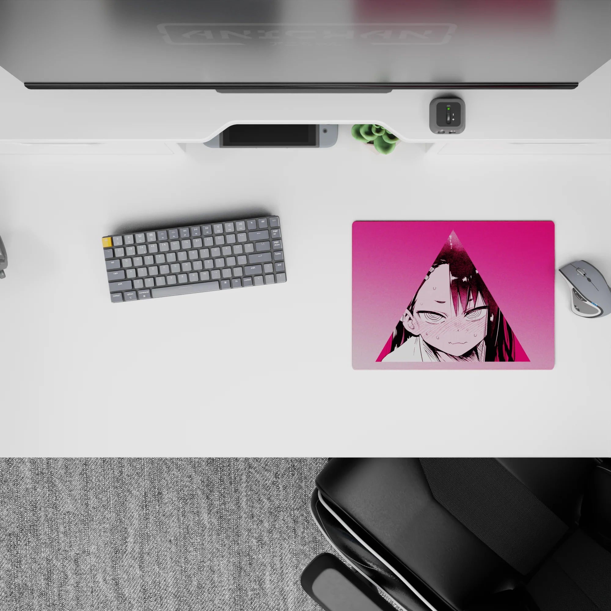 Hot pink anime girl mouse pad 14x10 inches with soft gradients, shy-angry mood, high-contrast detail.