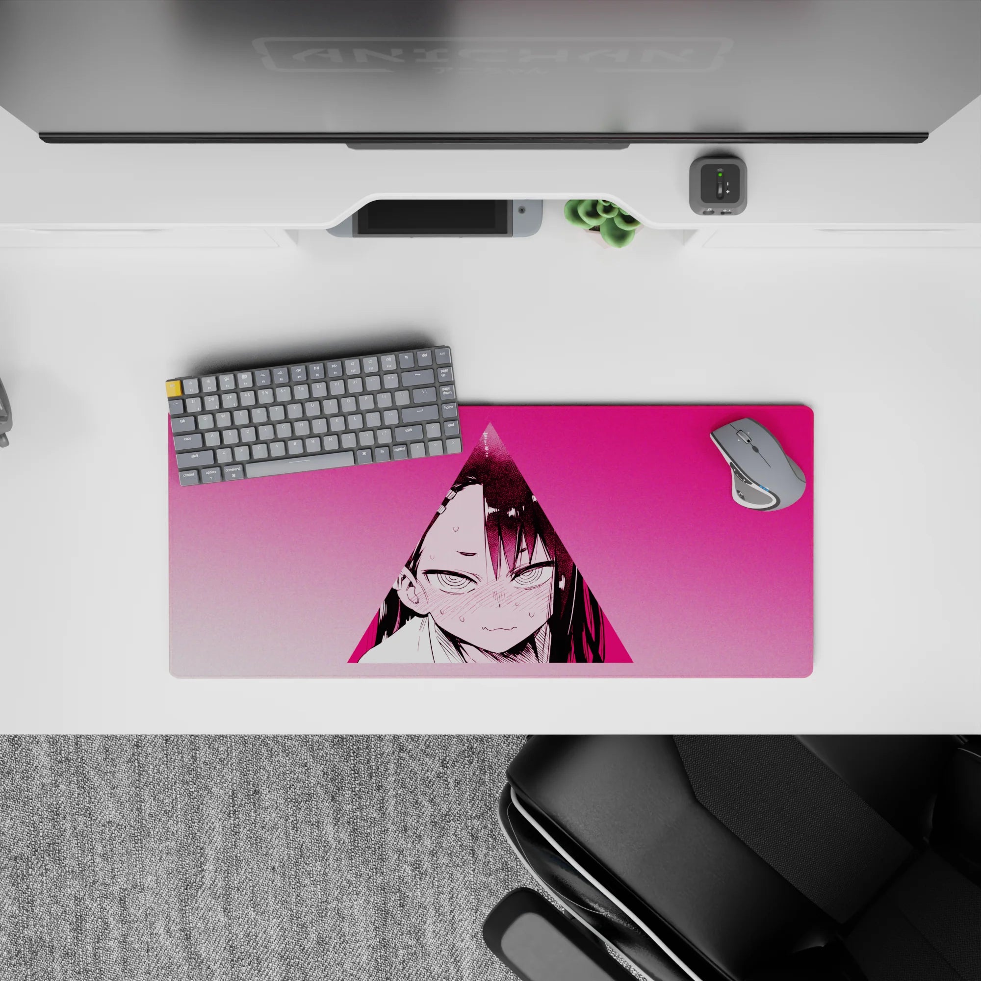Hot pink anime girl mouse pad 28x12 inches with soft gradients and shy-angry vibe, high-contrast desk mat.