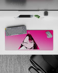 Hot pink anime girl mouse pad 28x12 inches with soft gradients and shy-angry vibe, high-contrast desk mat.