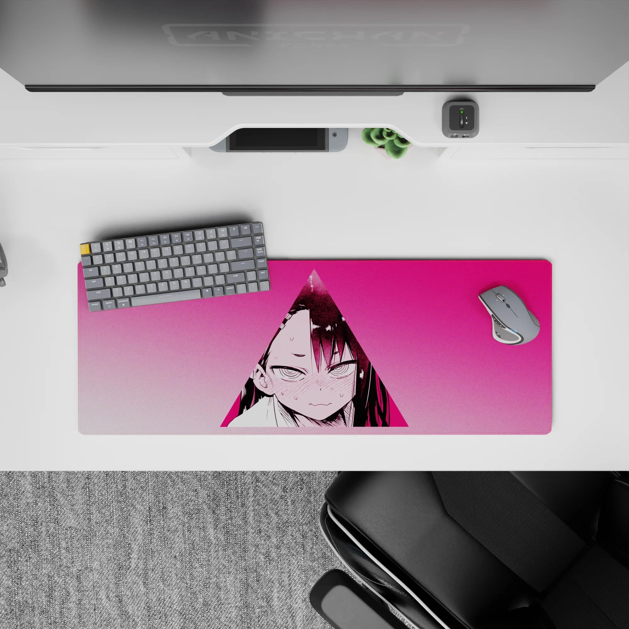 Hot pink anime girl mouse pad 32x12 inches with soft gradients, shy-angry vibe, sweat-drop detail.