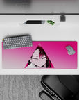 Hot pink anime girl mouse pad 32x12 inches with soft gradients, shy-angry vibe, sweat-drop detail.