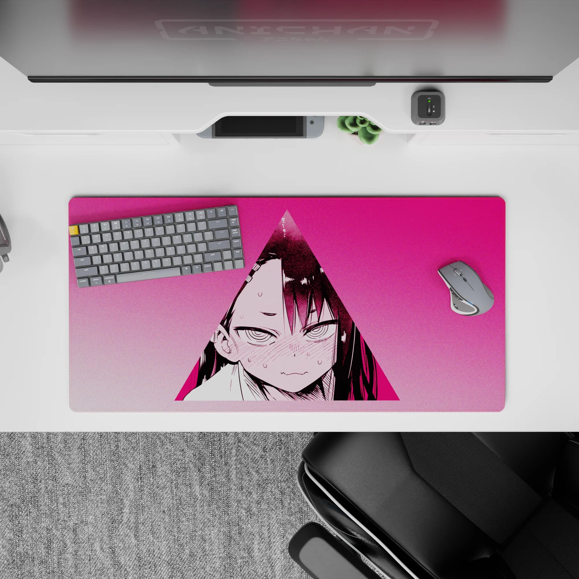Anime girl mouse pad 32x16 inches in hot pink gradients, shy-angry vibe, high-contrast anime art.