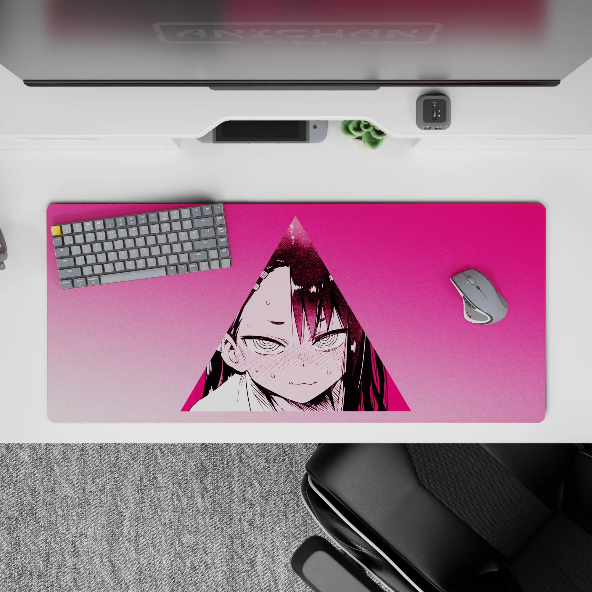 Hot pink anime girl mouse pad 36x16 inches with blushy shy-angry vibe, soft gradients, high contrast.
