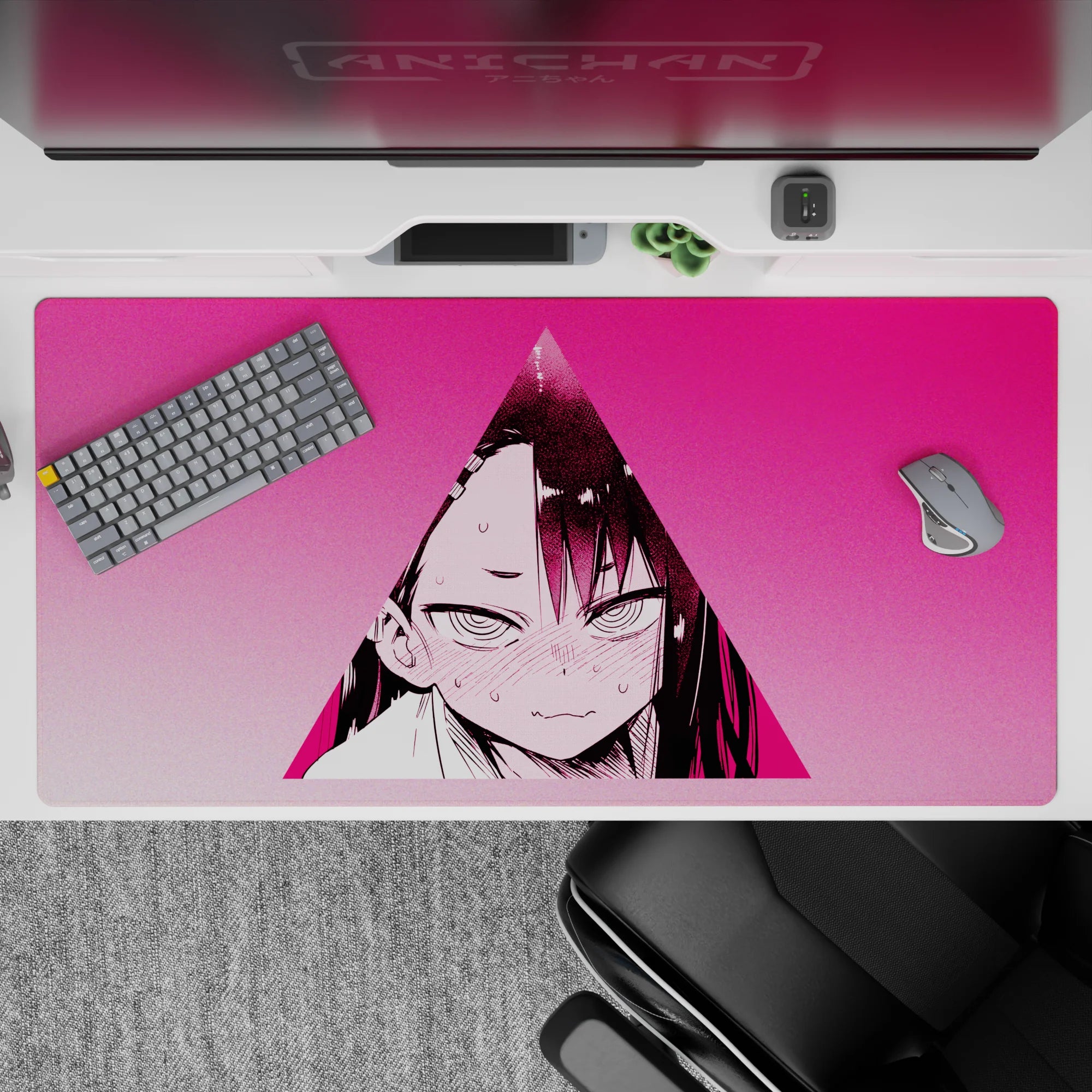 Hot pink anime girl desk pad 40x20 inches with soft gradients, high contrast, and shy-angry energy vibe.